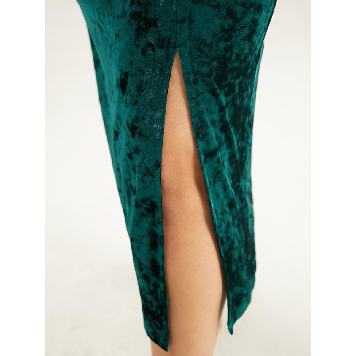 Plus Size Velvet Solid Ruched Long Sleeve Dress DarkGreen Women Glamour Gathered V-neck Long Sleeve Curvy Midi Dress BloomChic 18-20/2X Product Image