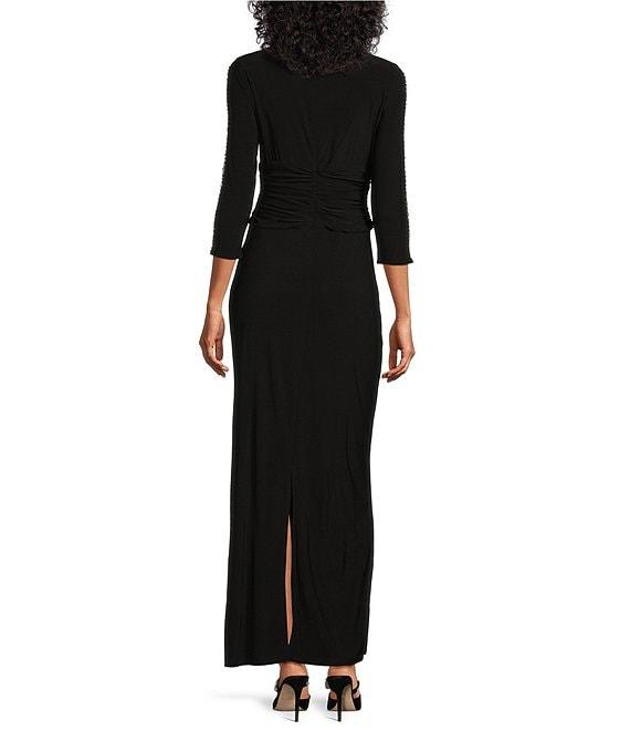 Ignite Evenings Petite Size Boat Neck 3/4 Embellished Sleeve Ruched Waist Sheath Dress Product Image