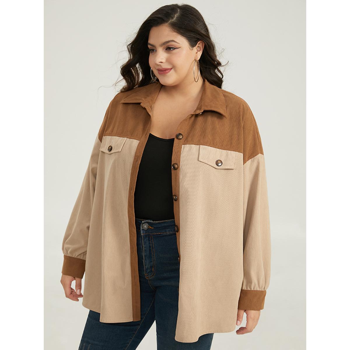 Plus Size Two Tone Button Through Patchwork Coat Women Tan Casual Contrast Ladies Dailywear Winter Coats BloomChic 14-16/1X Product Image