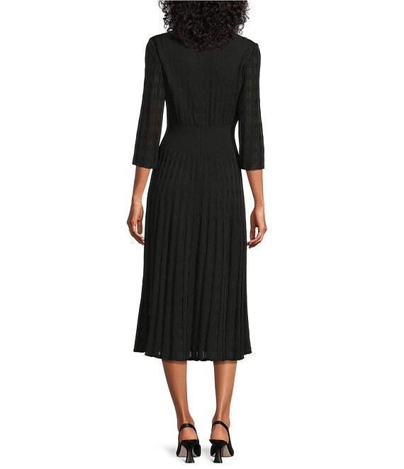 Ming Wang Pointelle Tonal Knit Square Neck 3/4 Sleeve Fit-And-Flare Midi Dress Product Image