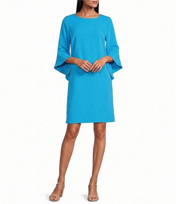 Caroline Rose Julia Matte Crepe 3/4 Ruffle Sleeve Shift Round Neck Shift Dress Product Image
