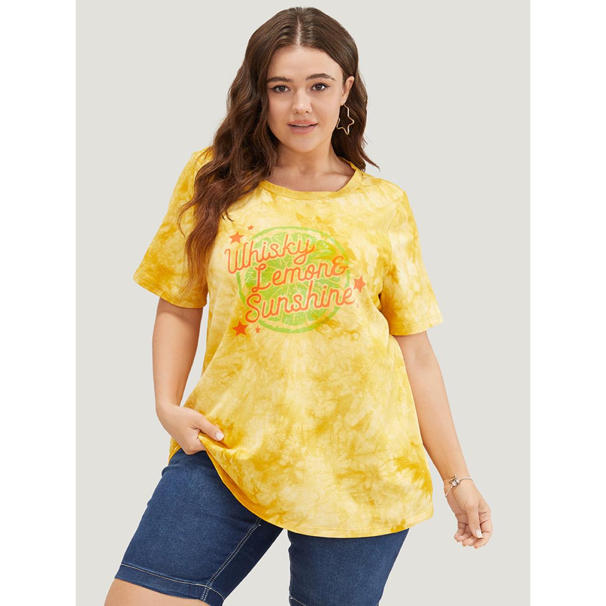Plus Size Lemon & Letter Print Crew Neck Tie Dye T-shirt Yellow Women Casual Graphic Dailywear T-shirts BloomChic 18-20/2X Product Image