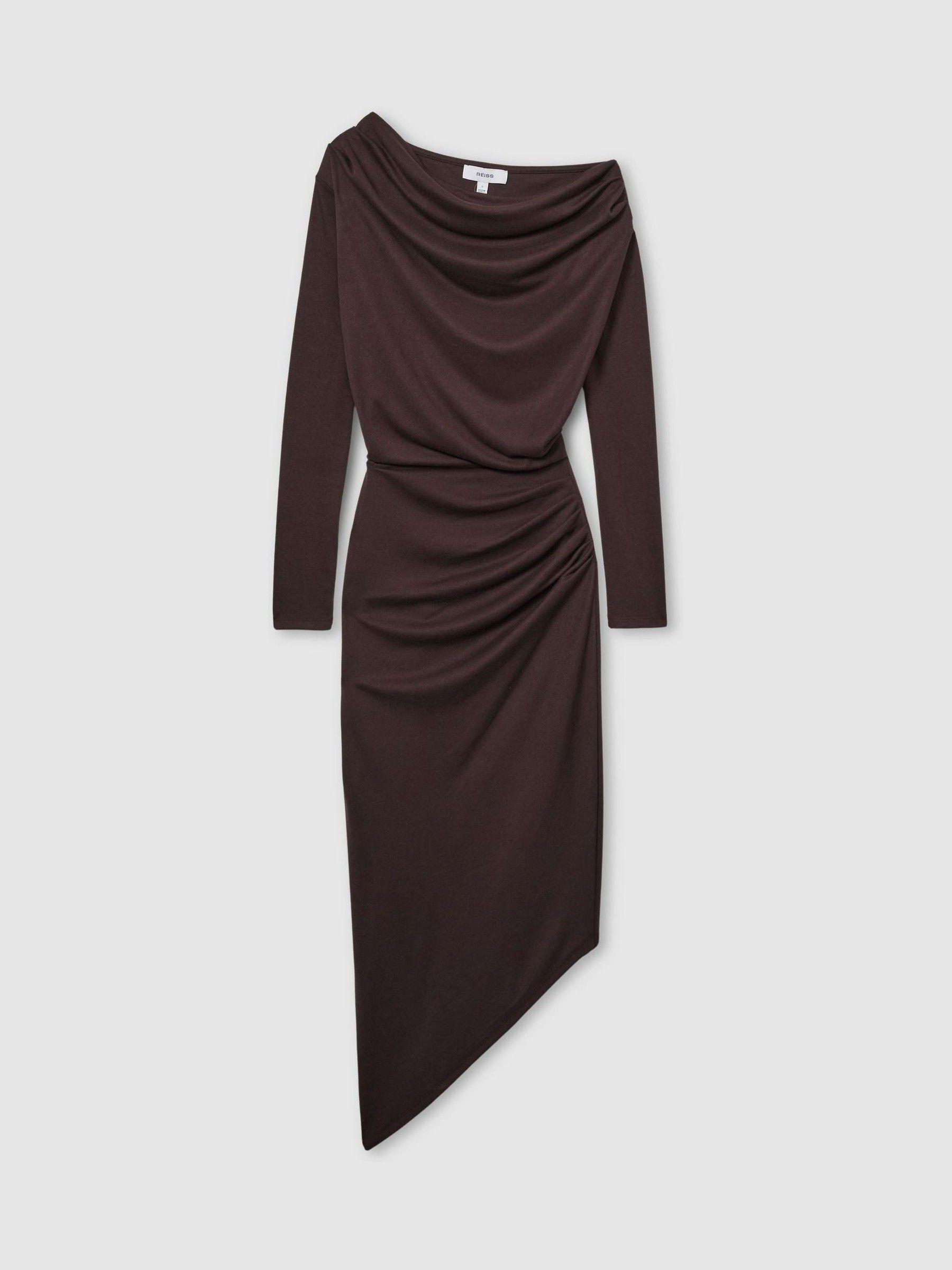 Off-The-Shoulder Ruched Jersey Midi Dress in Brown Product Image