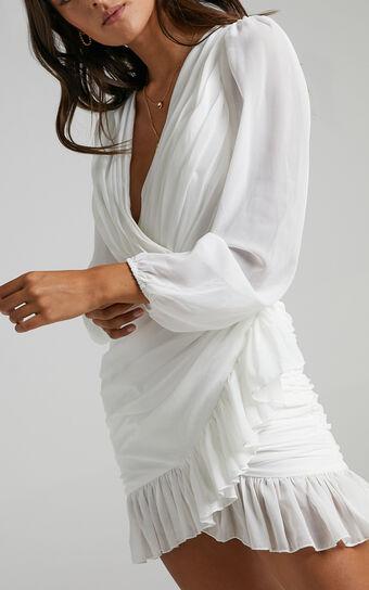 Can I Be Your Honey Mini Dress - Plunge Balloon Sleeve Dress in White Product Image