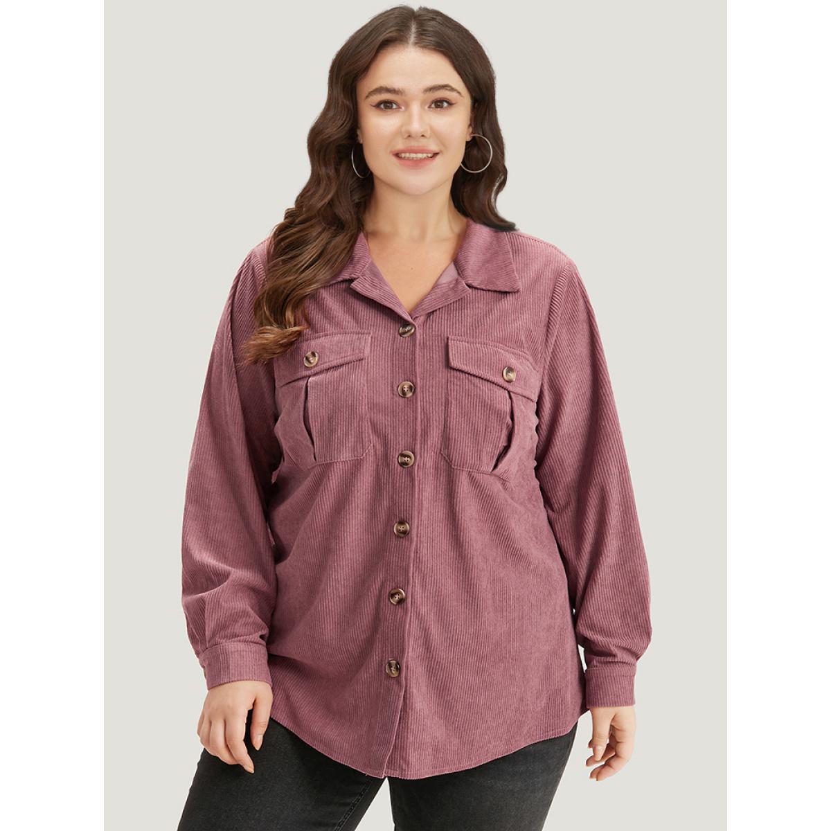 Plus Size Plain Texture Pocket Button Through Shirt Collar Coat Women DustyPink Casual Texture Ladies Dailywear Winter Coats BloomChic 10/M Product Image
