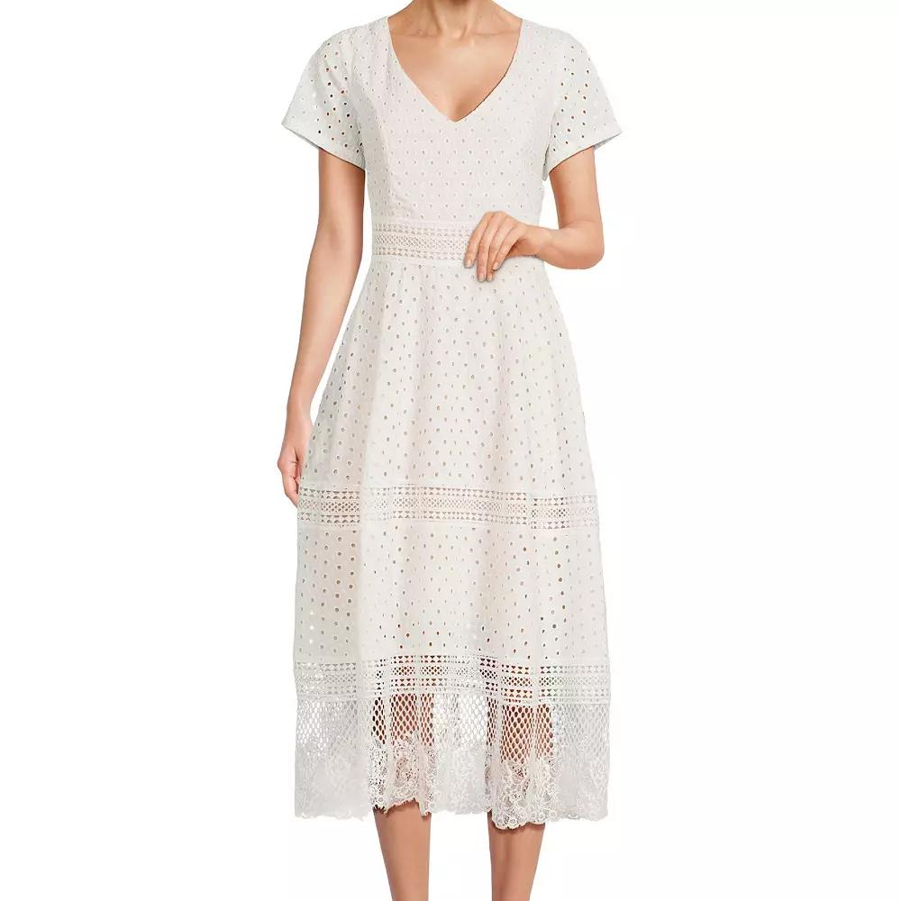 Women's Focus By Shani Cotton Eyelet Midi Dress with Lace Insets, Size: 6, White Product Image