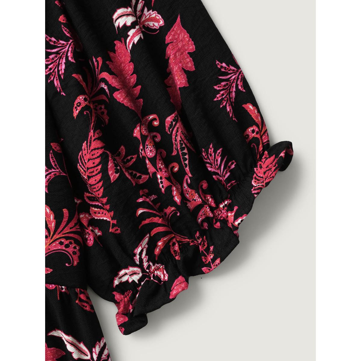 Plus Size Black Boho Print Neck Tie Flowy Shirt Women Short sleeve Heart neckline Vacation Blouses BloomChic 12/L Product Image