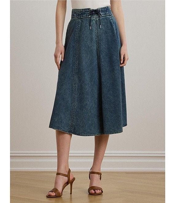 Lauren Ralph Lauren Drawcord Waist A-Line Denim Midi Skirt Product Image