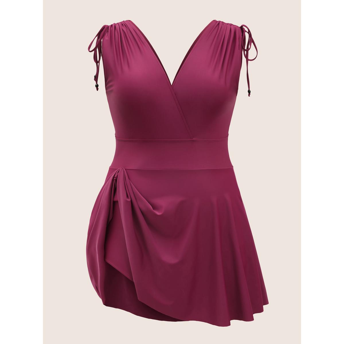 Plus Size Solid Drawstring Adjustable Straps Back Swim Dress Women's Swimwear Burgundy Beach Bodycon V-neck High stretch Curve Swim Dresses BloomChic 14-16/1X Product Image