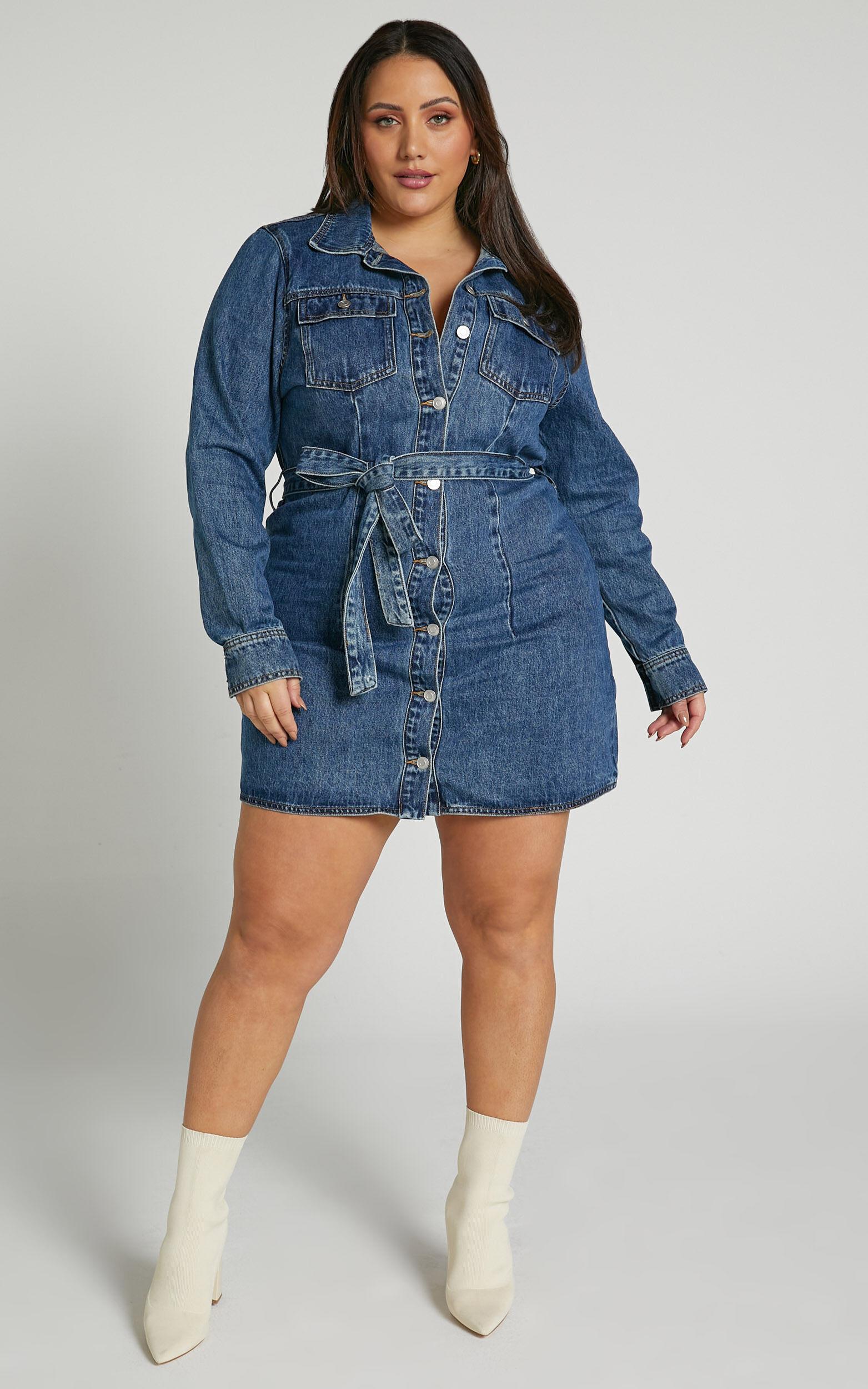 Enriquetta Mini Dress - Cotton Denim Long Sleeve Button Up Dress in Blue Product Image