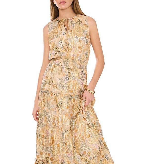 1. STATE Woven Paisley Print V-Neck Sleeveless Smocked Waist Tiered Fit and Flare Maxi Dress Product Image