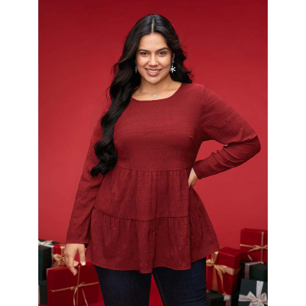 Plus Size Deepred Textured Round Neck Tiered Hem Blouse Women Casual Long Sleeve Round Neck Everyday Blouses BloomChic 18-20/2X Product Image