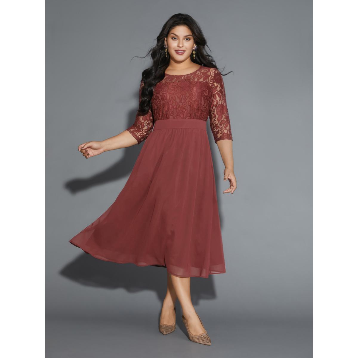 Plus Size Lace Patchwork Shirred Midi Pocket Dress Russet Women Cocktail Woven ribbon&lace trim Round Neck Elbow-length sleeve Curvy BloomChic 18-20/2X Product Image