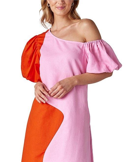 CROSBY by Mollie Burch Lovett Colorblock Asymmetrical Neckline Short Puff Sleeve Linen Maxi Dress Product Image