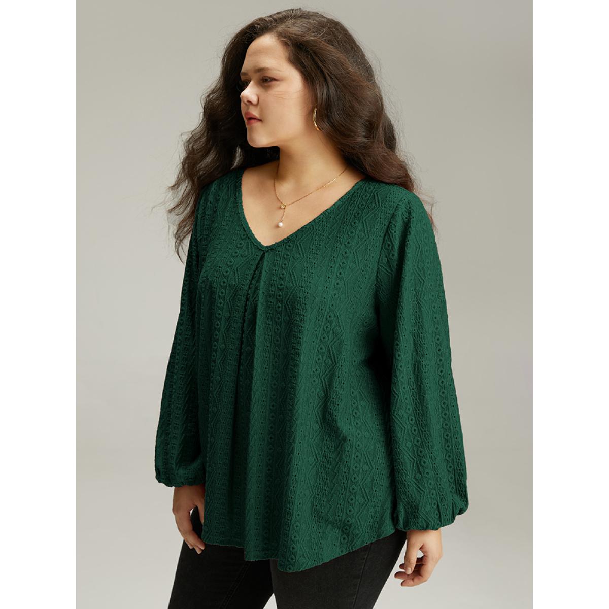 Plus Size Keyhole Plicated Detail Lantern Sleeve T-shirt DarkGreen Women Elegant Elastic cuffs Plain V-neck Dailywear T-shirts BloomChic 14-16/1X Product Image