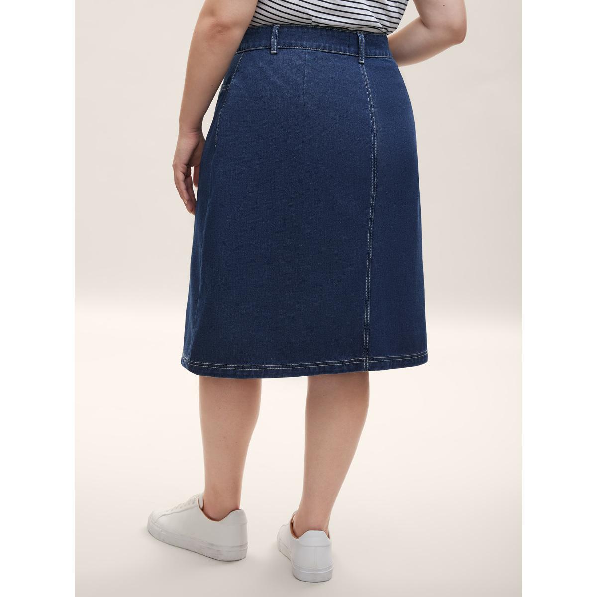 Plus Size Button Front Straight-Fit Denim Skirt Women Midblue Everyday-Casual Button Low stretch Medium Wash 30/6X Slanted pocket Elegant Denim Skirts BloomChic Product Image