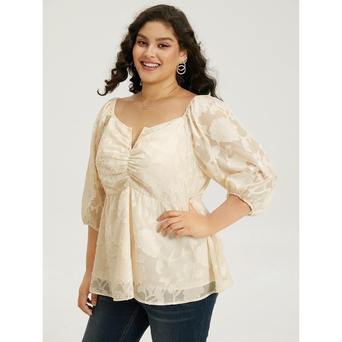 Plus Size Beige Plain Notched Ruched Lantern Sleeve Mesh Blouse Women Elegant Elbow-length sleeve Notched collar Dailywear Blouses BloomChic 12/L Product Image