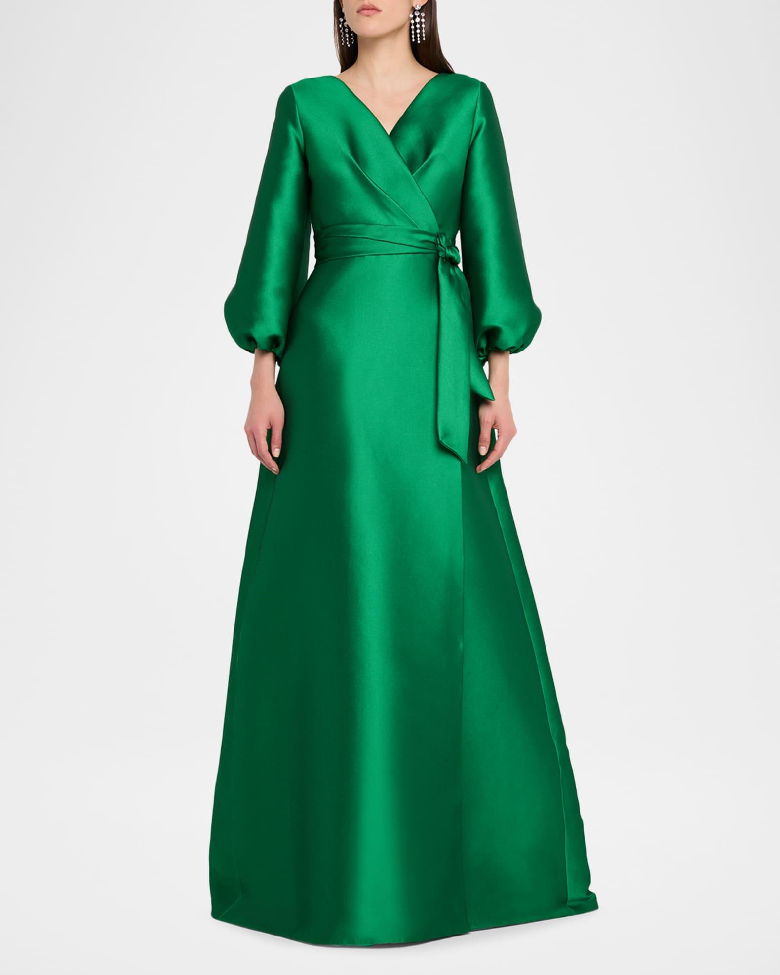 Bishop-Sleeve Mikado Pique Wrap Gown Product Image