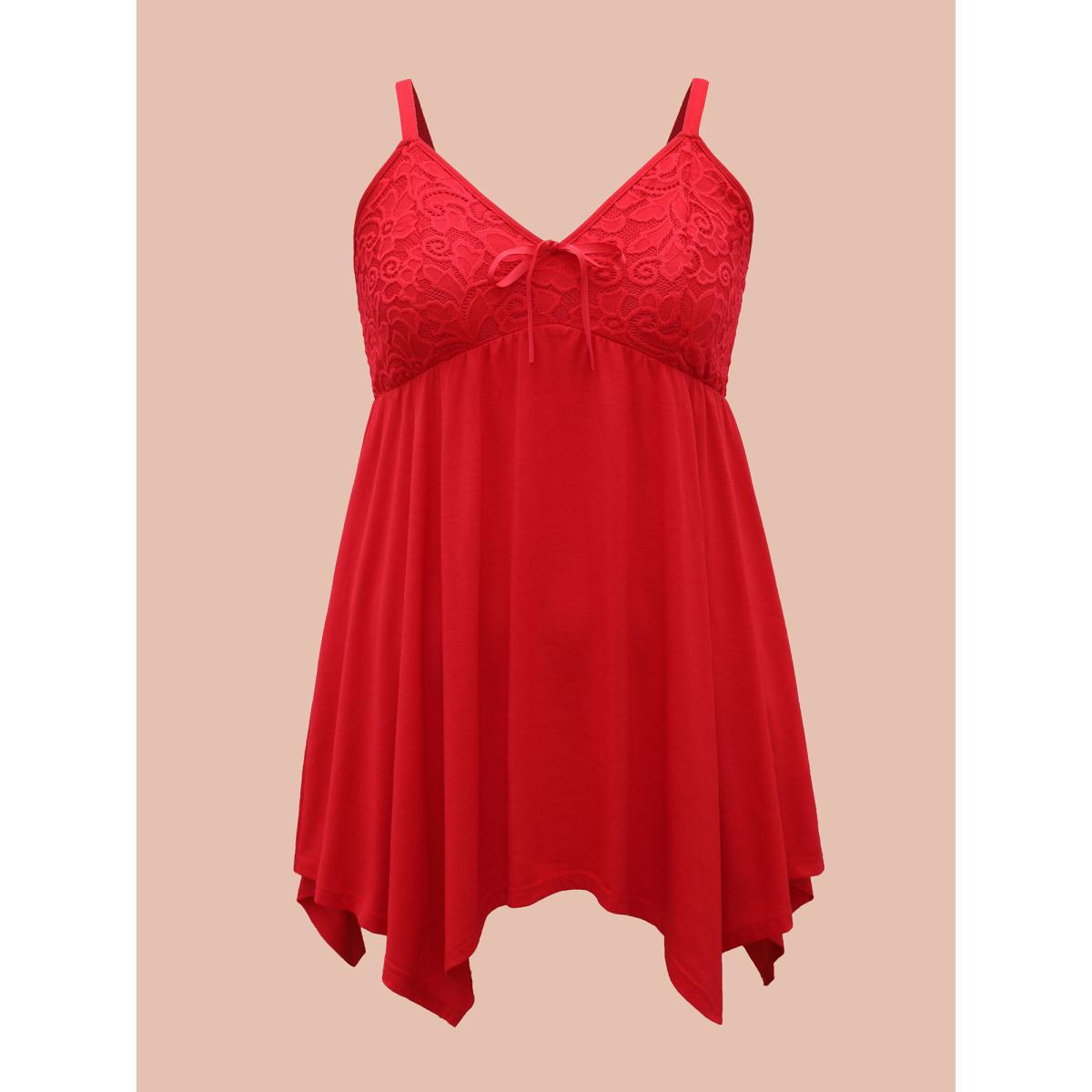 Plus Size Bowknot Crochet Lace Asymmetrical Hem Lounge Dress Women Brightred Lounge Texture V-neck Loungewear BloomChic 26/4X Product Image