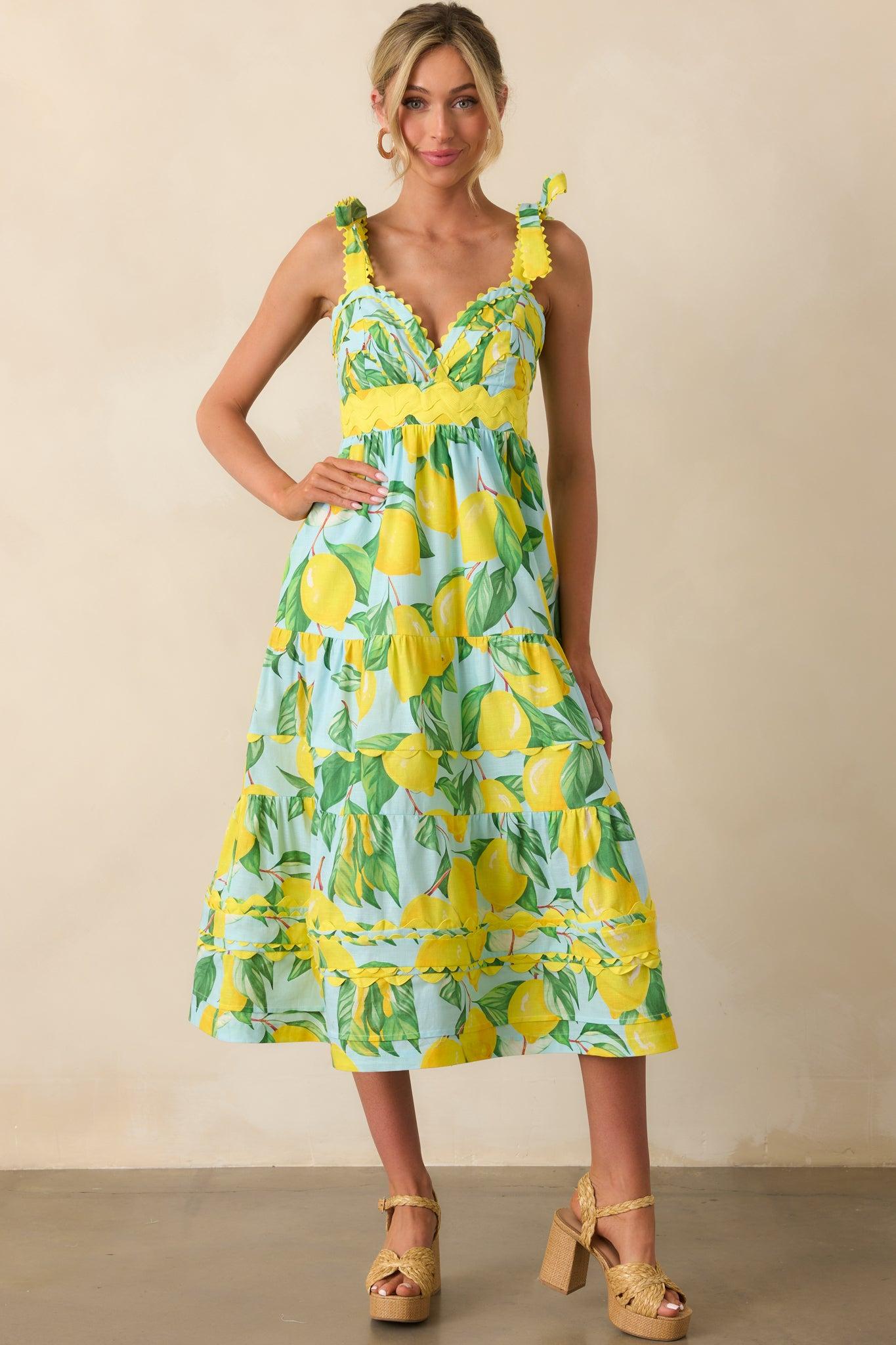 Prosperina Caterina Blue Lemon Print Cotton Midi Dress Product Image