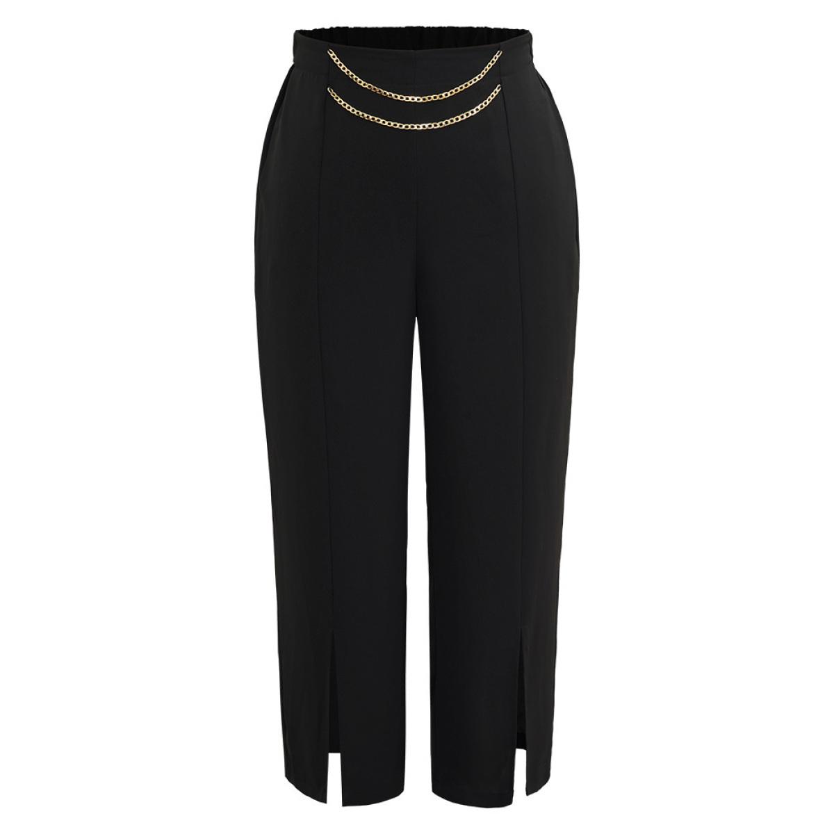 Plus Size Static-Free Metal Chain Detail Split Hem Pants Women Black At the Office Straight Leg High Rise Office Pants BloomChic 10/M Product Image