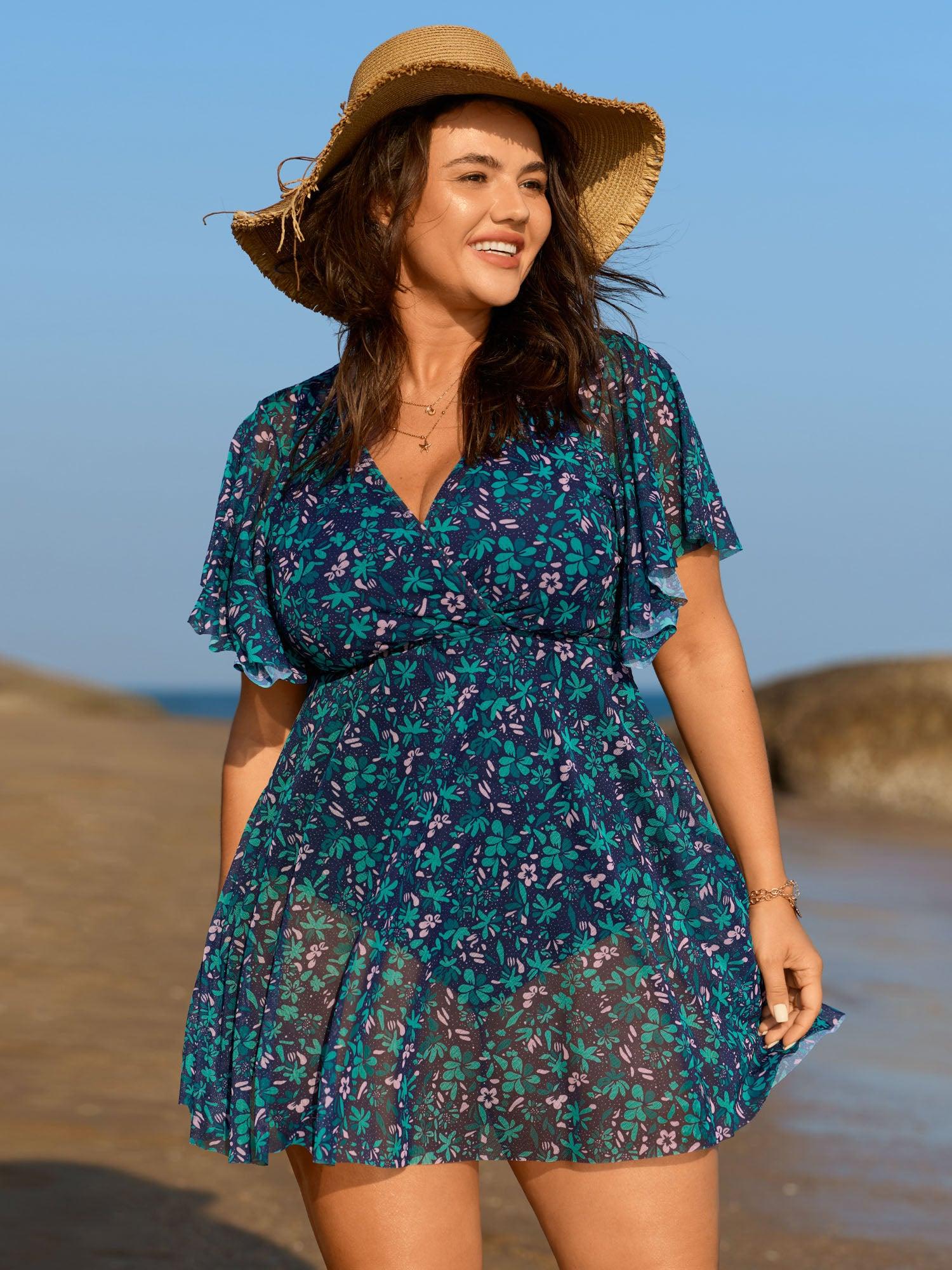 Colorful Sheer Floral Print Swim Dress Female Product Image