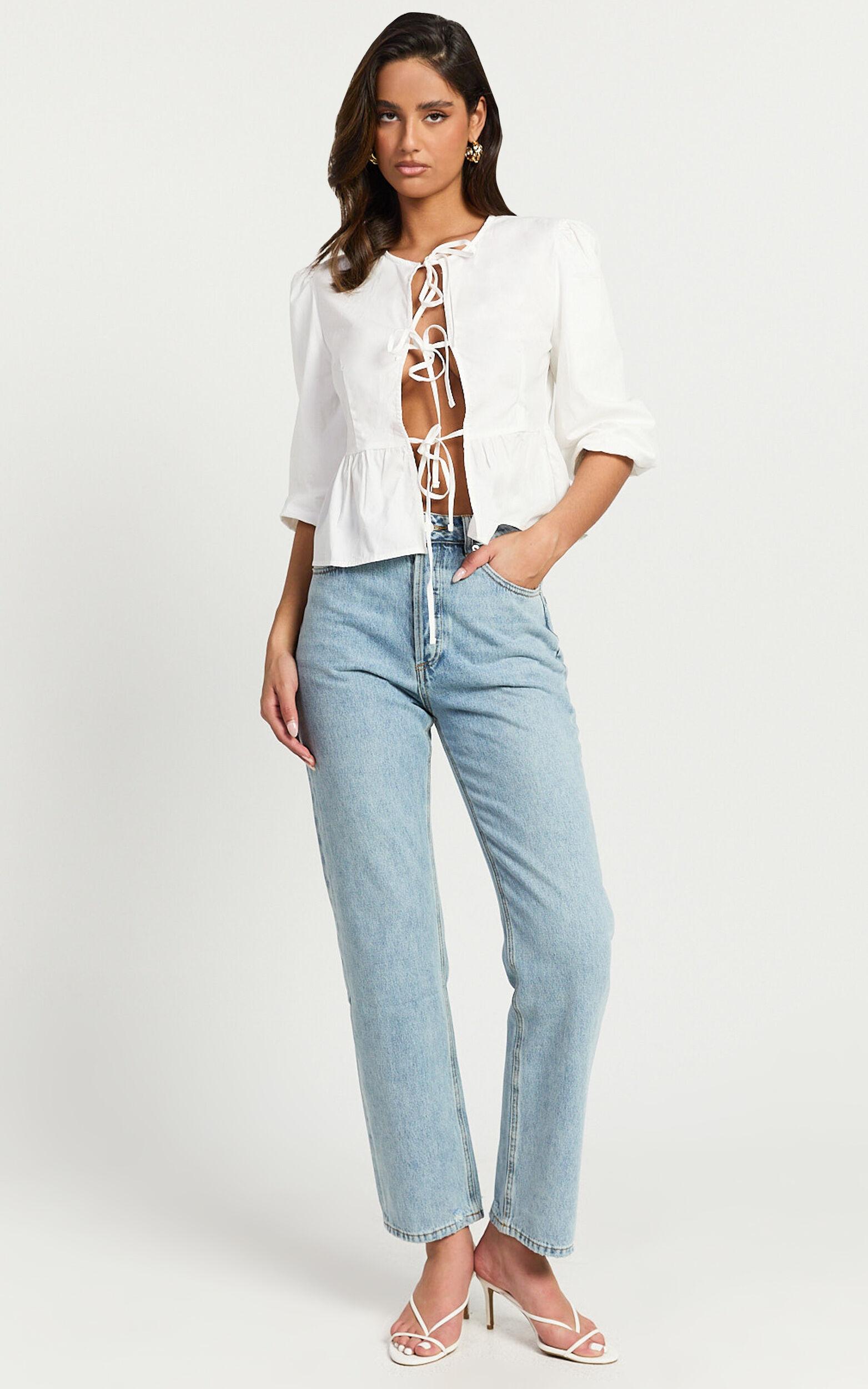 Tara Top - Tie Front Detail Puff Sleeve Top in White Product Image