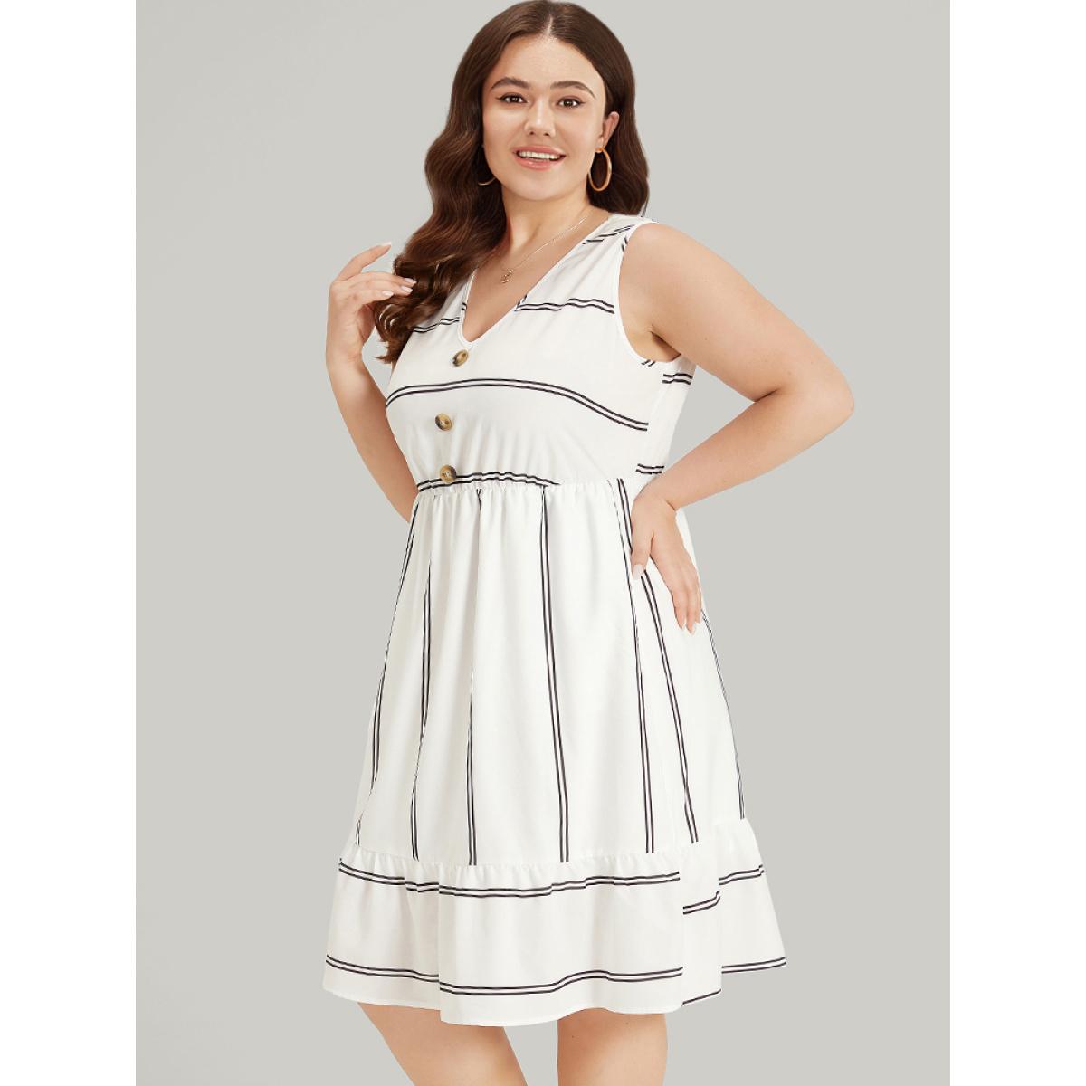 Plus Size Striped Pocket Button Detail Ruffle Elastic Waist Dress White Women Elegant Texture V-neck Sleeveless Curvy Knee Dress BloomChic 12/L Product Image
