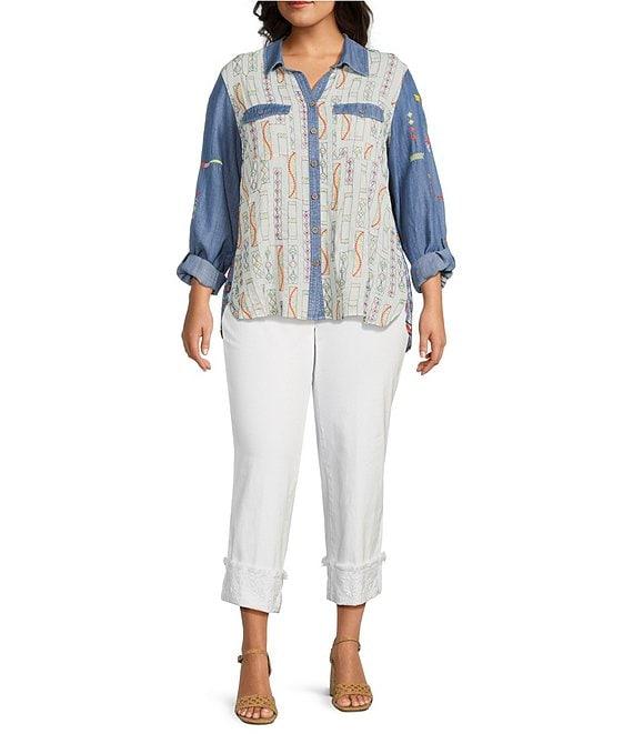 John Mark Plus Size Embroidered Floral Printed Point Collar Long Roll-Tab Sleeve Button Front Top Product Image