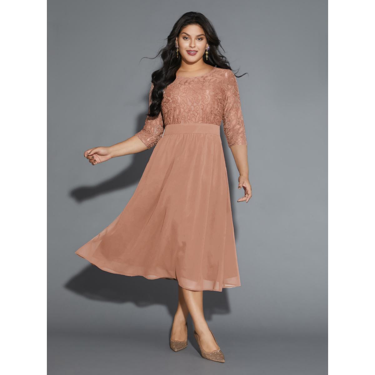 Plus Size Lace Patchwork Shirred Midi Pocket Dress Apricot Women Cocktail Woven ribbon&lace trim Round Neck Elbow-length sleeve Curvy BloomChic 14-16/1X Product Image