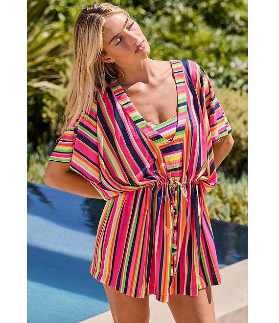 Trina Turk Anniversary Stripe V-Neck Cinched Drawcord Waist Tunic Swim Cover-Up Product Image
