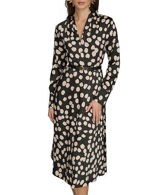 Donna Karan Twill V-Neck Long Sleeve Belted Sheath Midi Dress Product Image