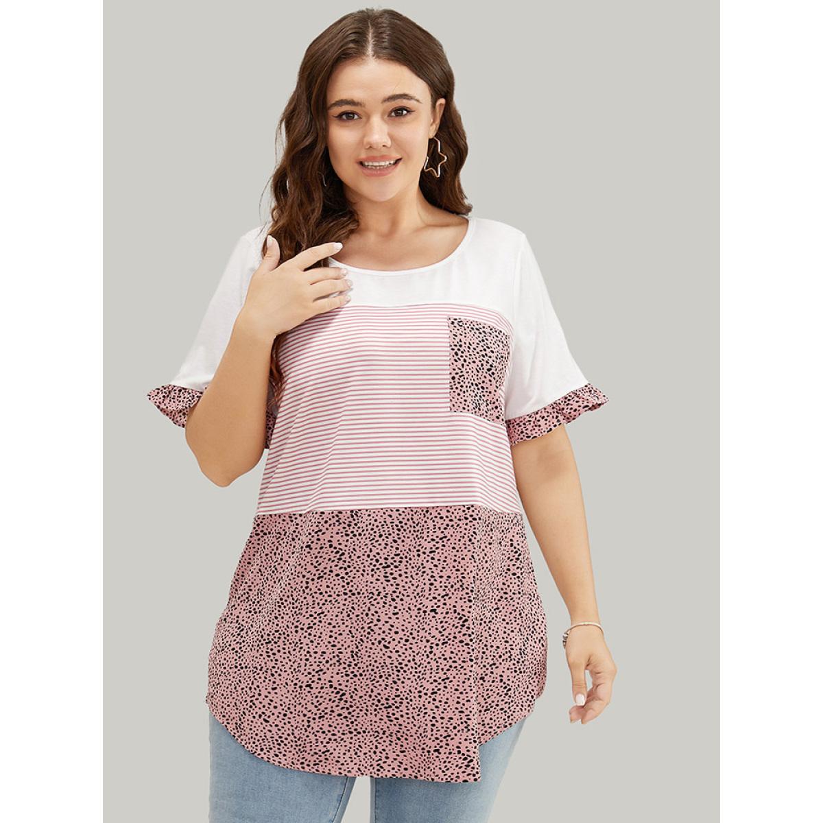 Plus Size Leopard & Striped Contrast Ruffle Sleeve Pocket T-shirt Rouge Women Casual Contrast Colorblock Round Neck Dailywear T-shirts BloomChic 10/M Product Image
