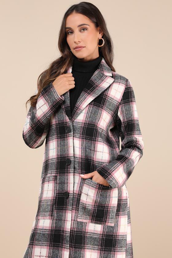 Posh Weather Black and Pink Plaid Collared Peacoat Product Image