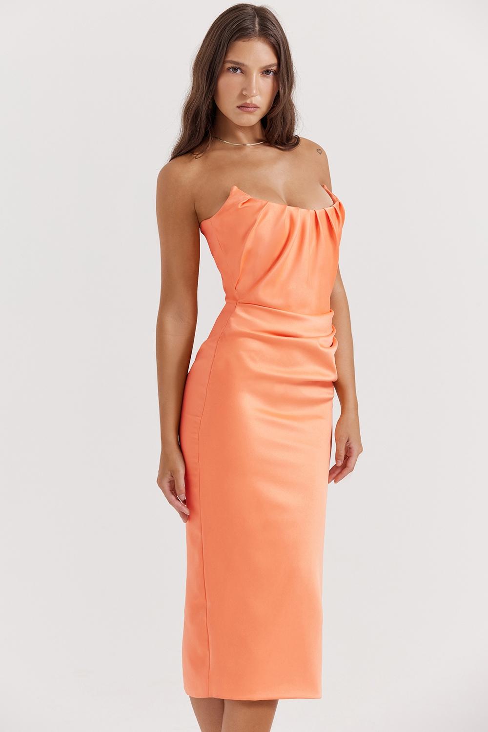 Alora  tangerine strapless corset midi dress Product Image