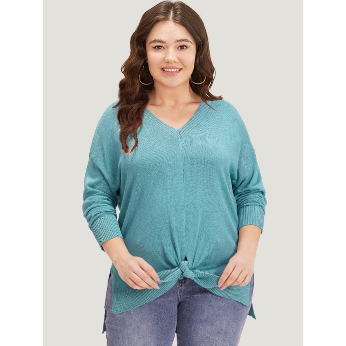 Plus Size Supersoft Essentials Bowknot Front Split Side Pullover Cerulean Women Casual Loose Long Sleeve V-neck Dailywear Pullovers BloomChic 22-24/3X Product Image