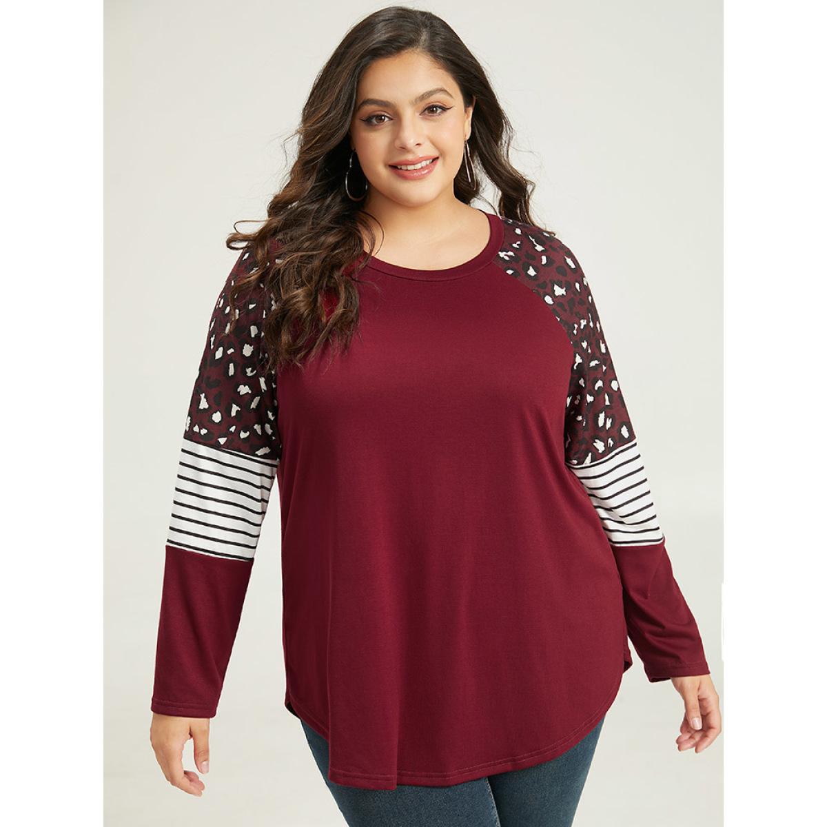Plus Size Leopard Striped Patchwork Raglan Sleeve T-shirt Burgundy Women Casual Contrast Leopard Round Neck Dailywear T-shirts BloomChic 26/4X Product Image