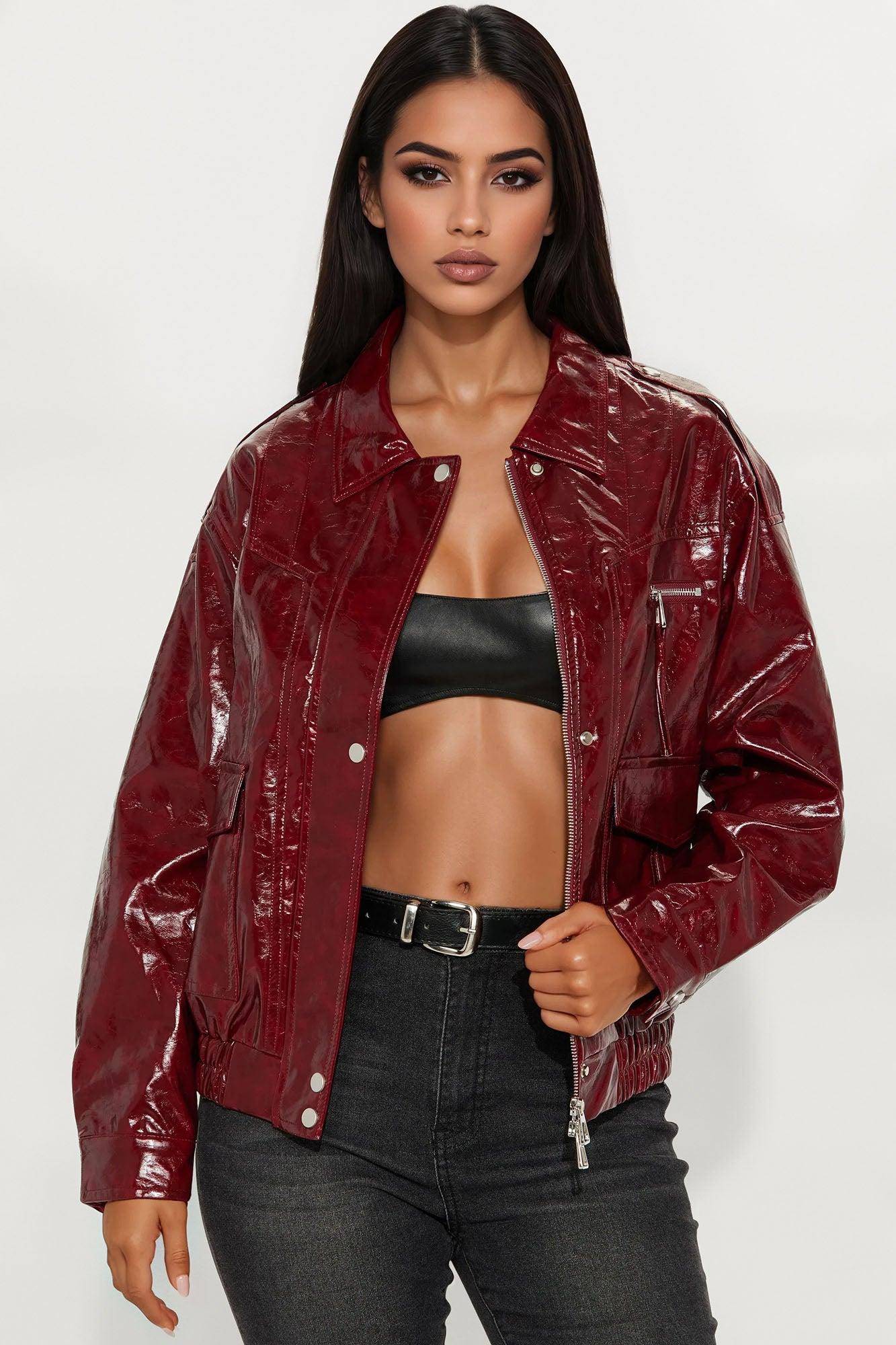 Follow My Lead Faux Leather Oversized Bomber Jacket - Burgundy Female Product Image