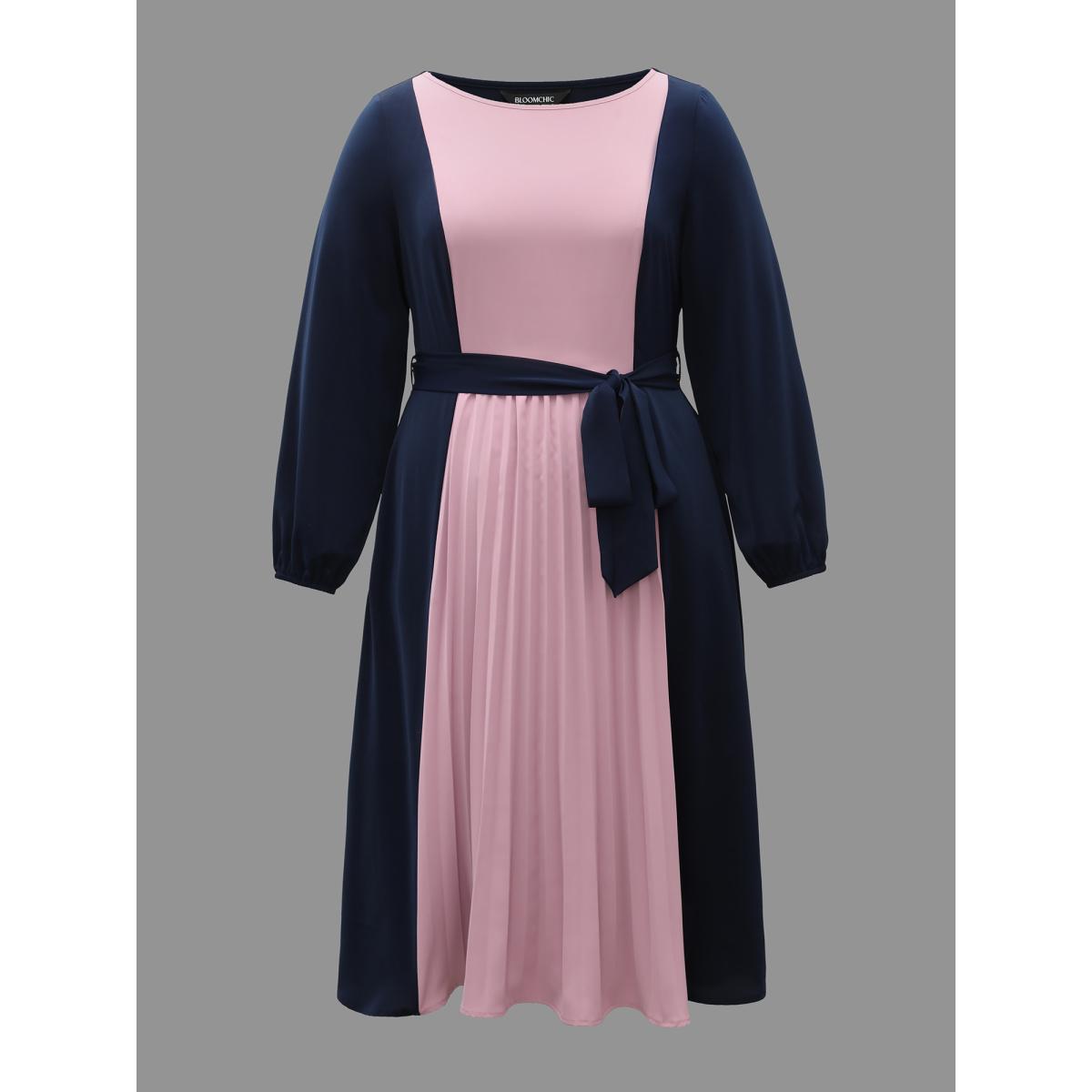 Plus Size Color-Block Stretchy Waist-Cinched Pockets Dress Indigo Women At the Office Belted Boat Neck Long Sleeve Curvy BloomChic 10/M Product Image
