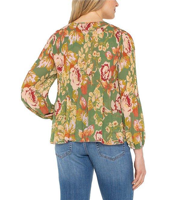 Liverpool Los Angeles Chiffon Floral Print V-Neck Long Sleeve Pleated Top Product Image