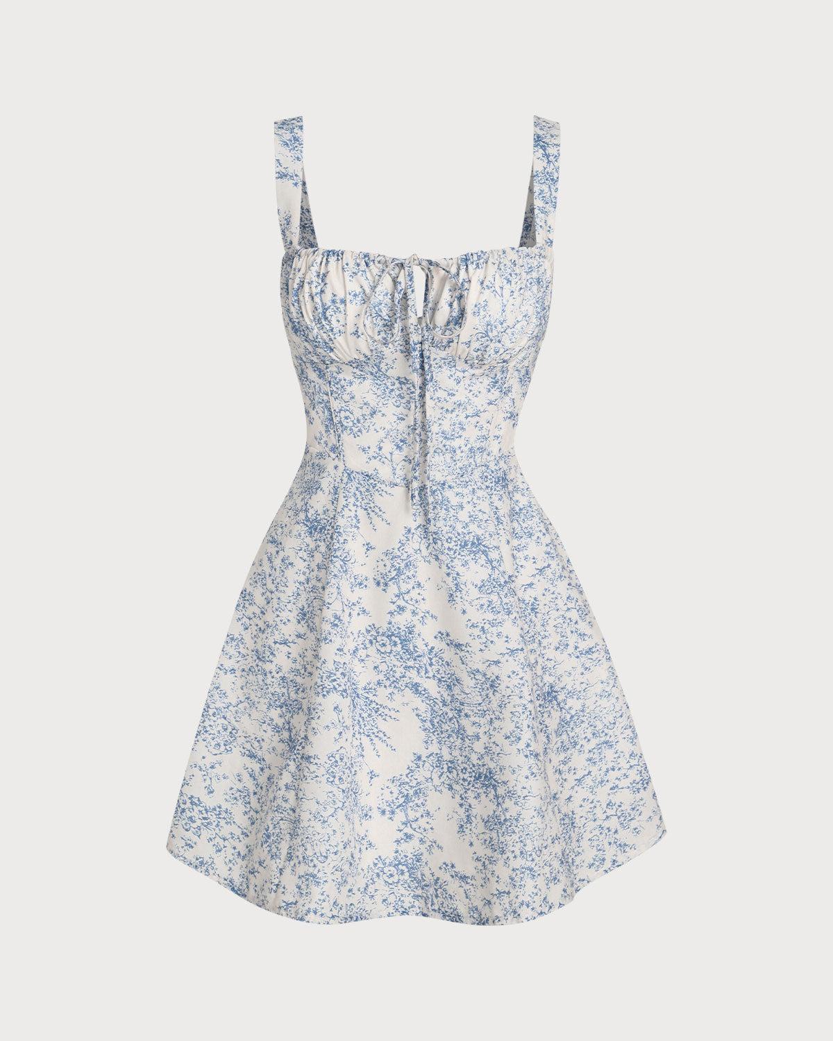 Blue Floral Ruched Slip Corset Mini Dress Product Image
