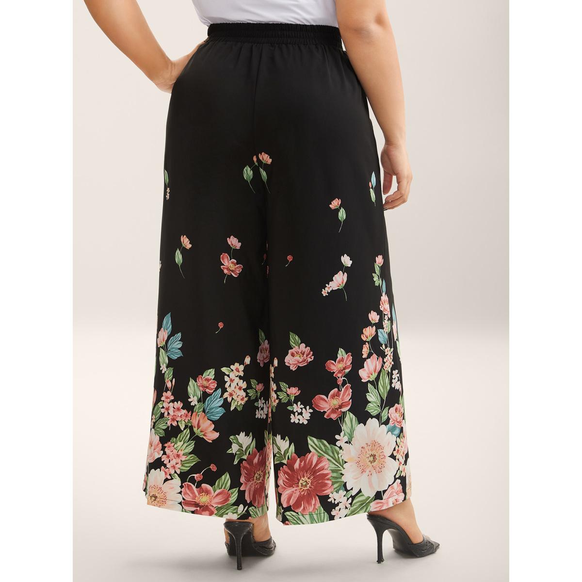 Plus Size Floral Print Belted Wide-Leg Pants Women BlackFlower Resort Wide Leg Mid Rise Vacation Pants BloomChic 28/5X Product Image