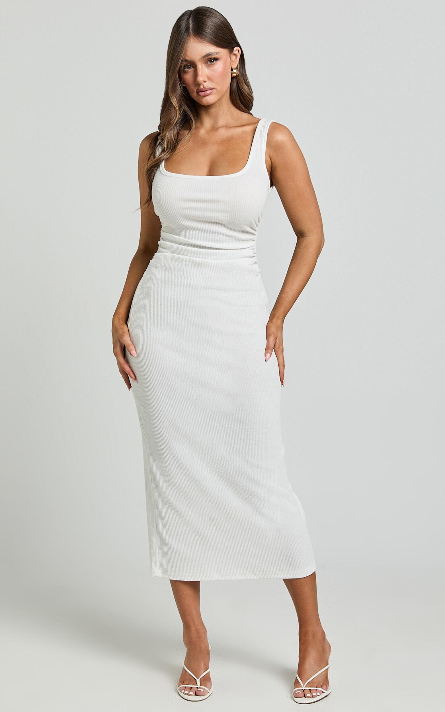 Sarina Midi Dress - Ribbed Scoop Neck Dress in White Product Image