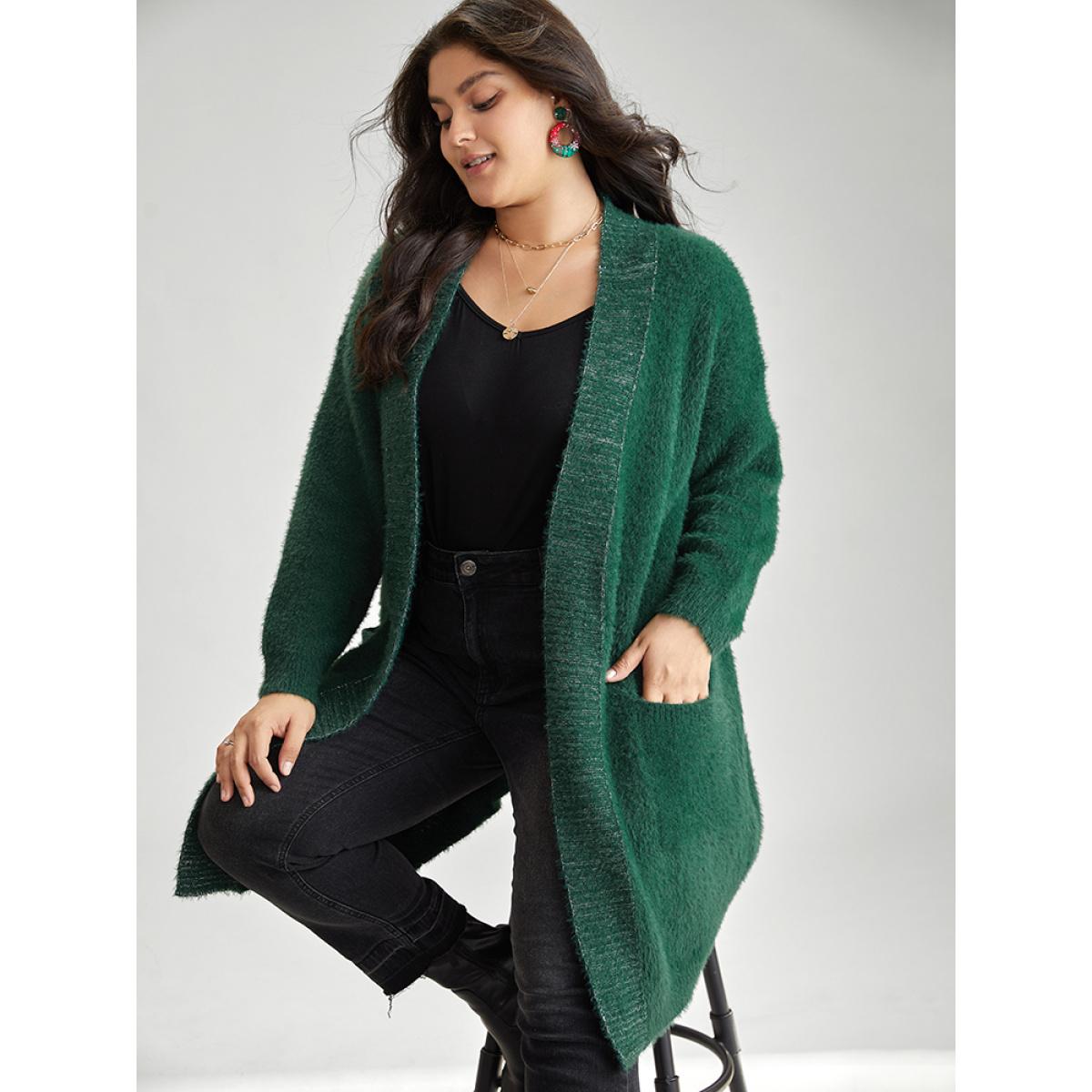 Plus Size Lurex Fuzzy Patched Pocket Tunic Cardigan DarkGreen Women Casual Loose Long Sleeve Dailywear Cardigans BloomChic 10/M Product Image