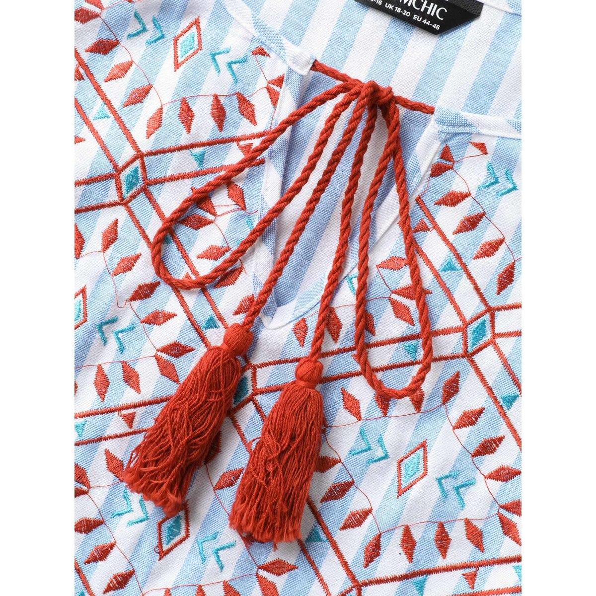 Plus Size Skyblue Embroidered Stripe Neck Tie Blouse Women Boho Cap Sleeve Notched collar Vacation Blouses BloomChic 22-24/3X Product Image