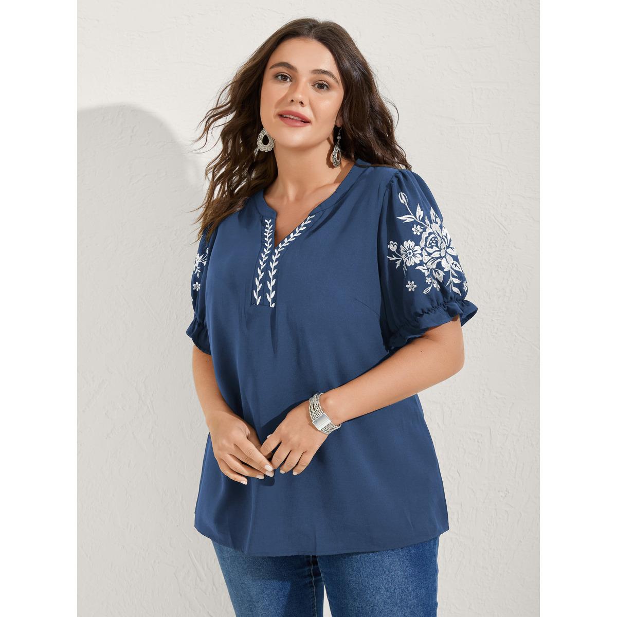 Plus Size Mediumblue Notched Collar Embroidered Ruffled Blouse Women Half Sleeve Flat collar with V-notch Everyday-Elegant Blouses BloomChic 26/4X Product Image