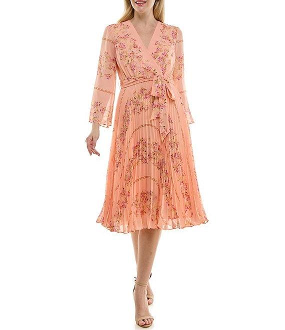 Moda Tara Long Sleeve Faux Wrap V-Neck Floral Chiffon Midi Dress Product Image