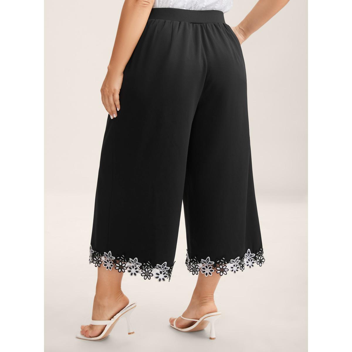 Plus Size Floral Lace Hem Wide-Leg Pants Women Black Timeless Wide Leg Mid Rise Elegant Pants BloomChic 10/M Product Image