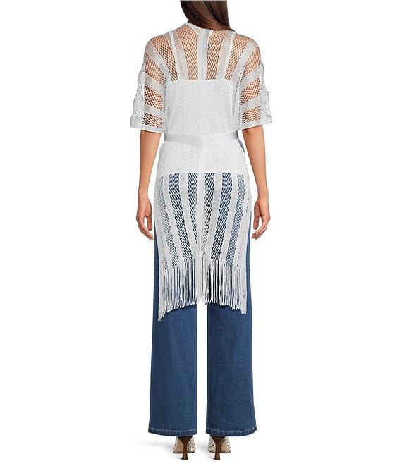 Vince Camuto Short Sleeve Mesh Net Fringe Tie Front Topper Product Image
