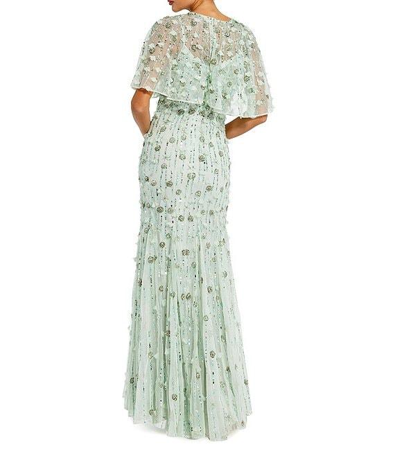 Mac Duggal Beaded Floral Illusion Short Cape Sleeve Sheath Gown Product Image